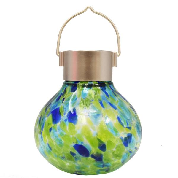 Solar Blown Glass Green & Blue Lantern