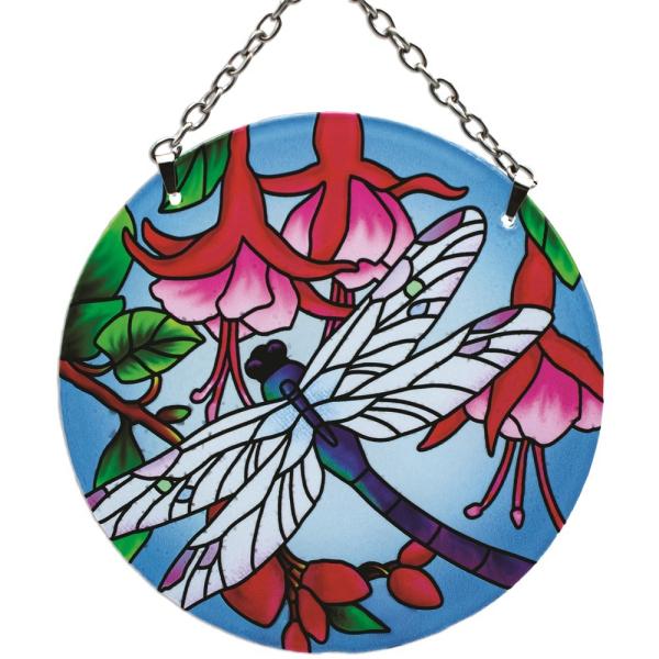 Dragonfly & Fuchsias Medium Round Suncatcher