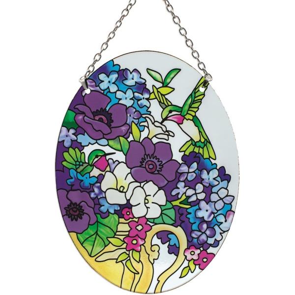 Indigo Hydrangea & Hummingbird Medium Oval Suncatcher