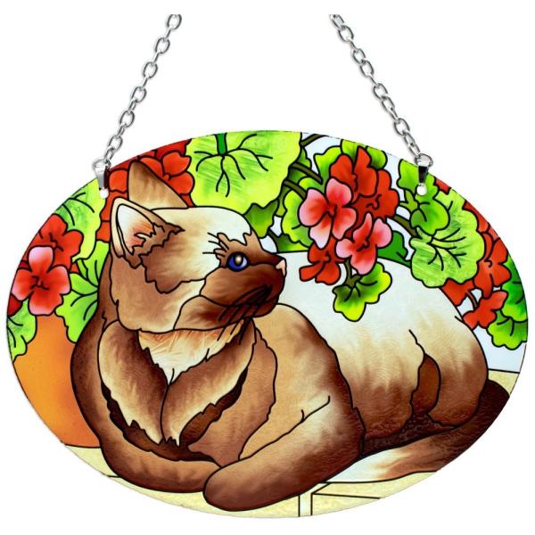 Cat & Geraniums Medium Oval Suncatcher