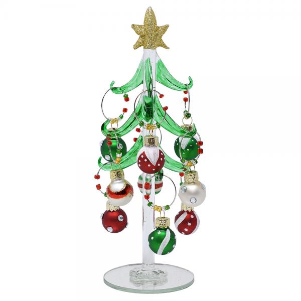 Green Glass Tree 8 Inch with Red, Green, and White Wine Charms