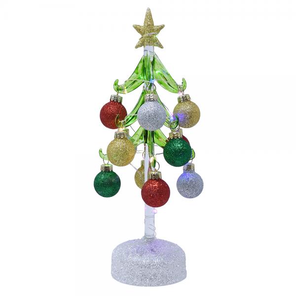  Green Glass LED Tree 10 inch with Traditional Ornaments