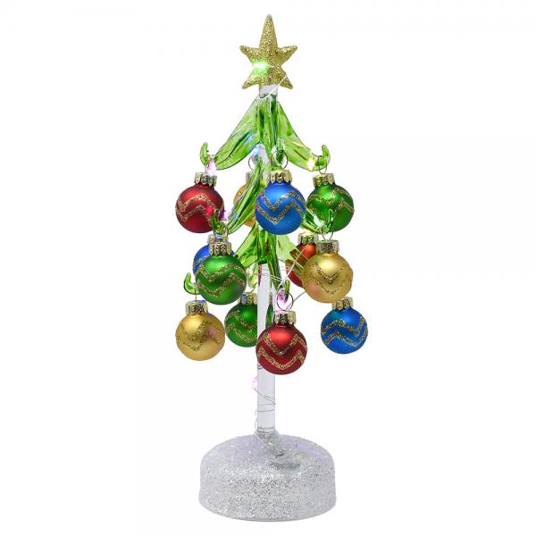 Green Glass LED Tree 8 inch with Zig Zag Giltter Ornaments