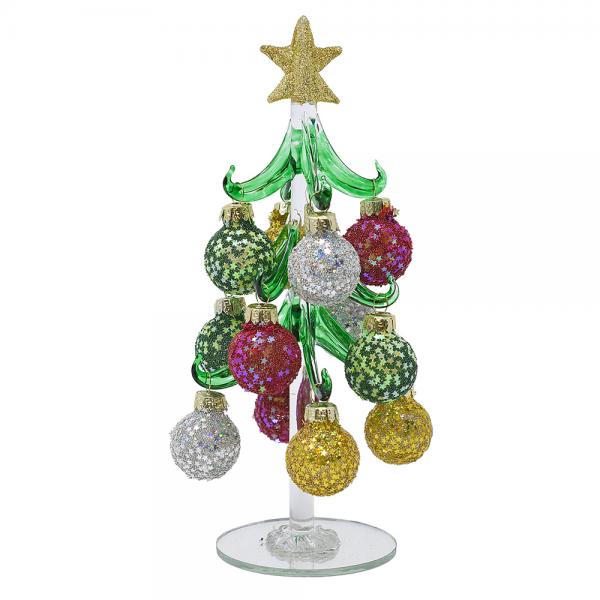 Green Glass Tree 8 inch with Glitter and Star Sequin Ornaments