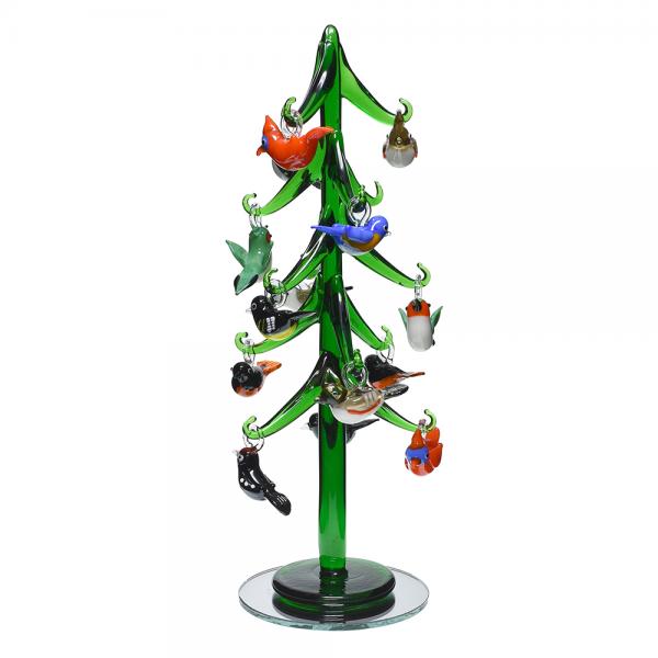 Green Glass Tree 9 inch with Bird Ornaments
