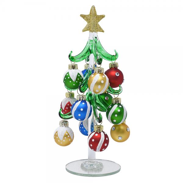 Green Glass Tree 8 inch with White Swirl Ornaments