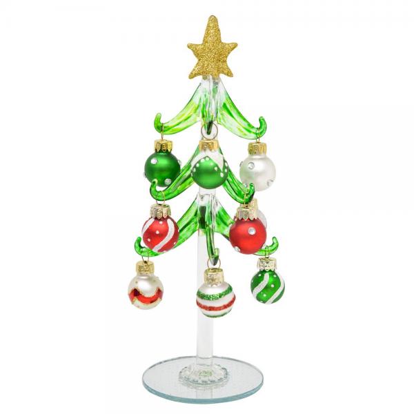 Green Glass Tree 8 inch with Red, Green, White Painted Ornaments