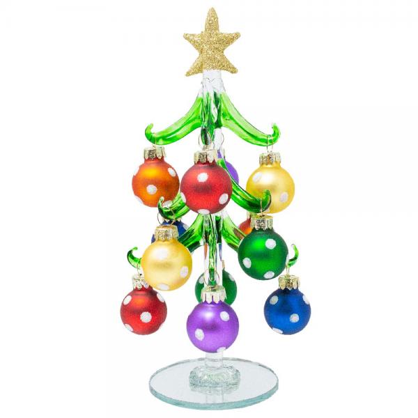 Green Glass Tree 8 inch with Colorful Polka Dot Ornaments