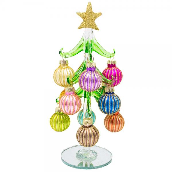 Green Glass 8 inch Tree with Pastel Ridged Ornaments