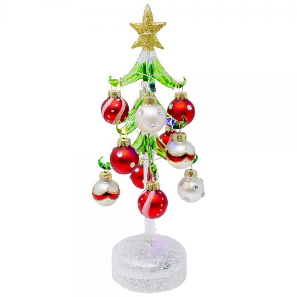 Green Glass LED Tree 10 inch with Red and White Ornaments