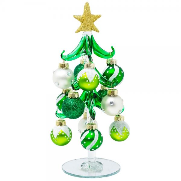 Green Glass Tree 8 inch with Green and White Ornaments