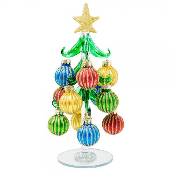 Green Glass Tree 8 inch with Ridged Ornaments