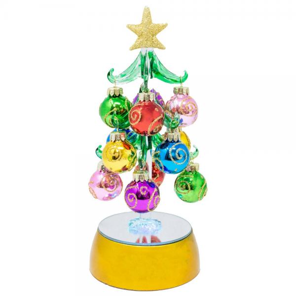 Green Glass LED Tree 8 inch with Swirl Ornaments