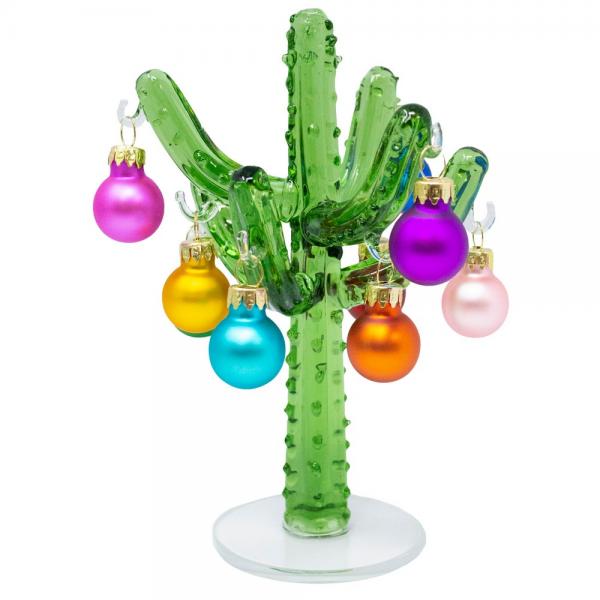 Green Glass 7 inch Christmas Cactus with Ornaments