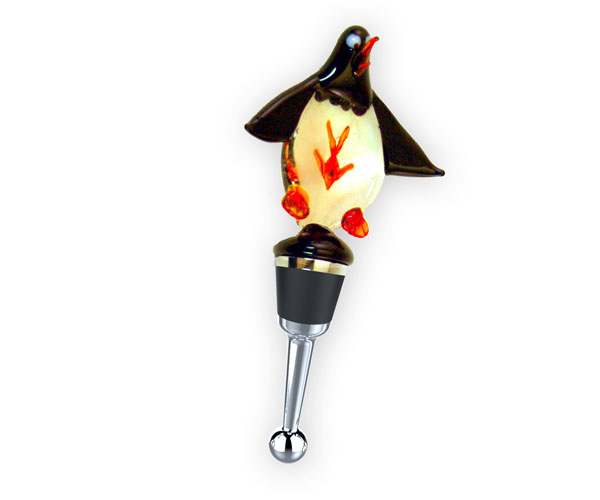 Glass Wine Bottle Stopper Penguin With Red Fish In Tummy