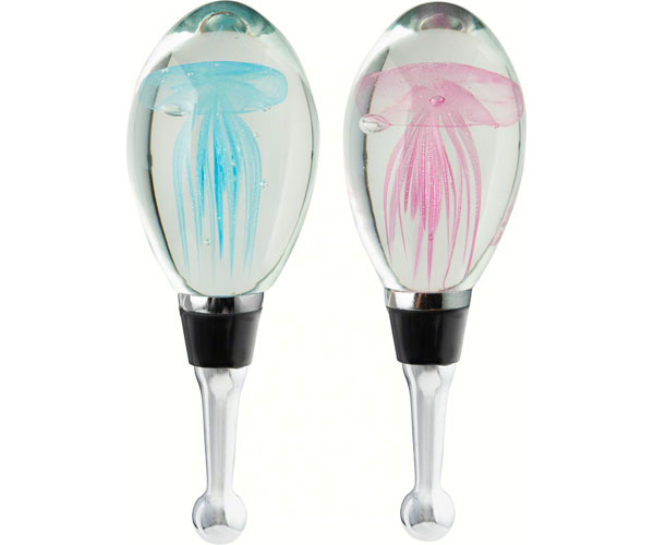 Glass Jellyfish Bottle Stoppers 2 Piece Blue and Pink