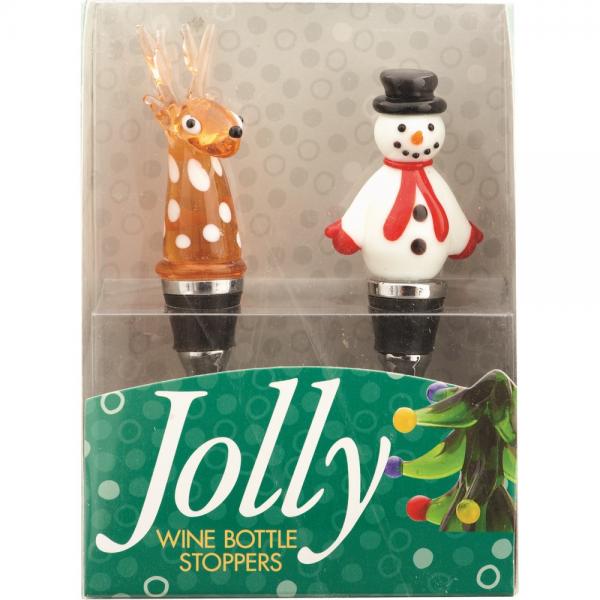 Glass Bottle Stopper Reindeer and Snowman