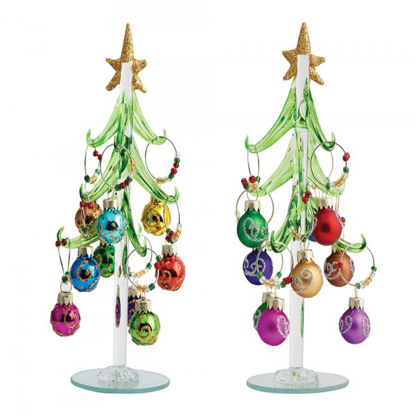 Green Glass Trees 8 inch with 9 Wine Charms 2 Assorted