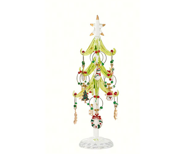 Green Glass Tree 8 Inch with 12 Enamel Holiday Ornaments