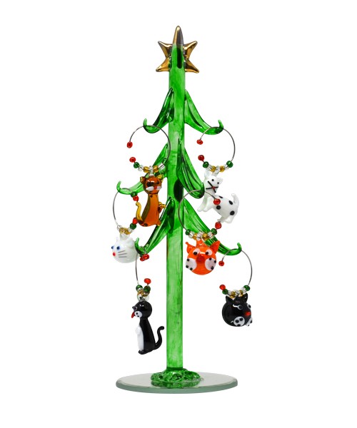 9 Inch, Green Glass with 9 Ornaments LS Arts Glass Holiday Tree