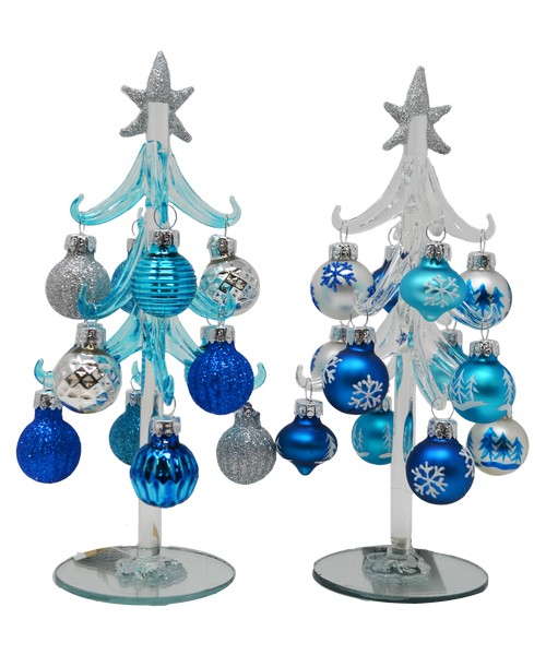 8 inch Blue and Silver Glass Trees 2 Assorted
