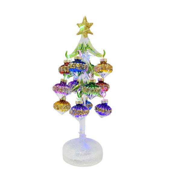 Green Glass LED Tree 10 inch with Teardrop Ornaments