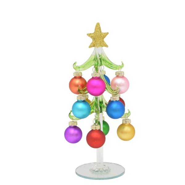 Green Glass Tree 8 inch with Frosted Ornaments