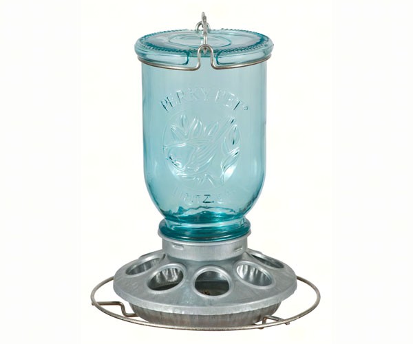 Antique Wide Blue Glass Seed Feeder