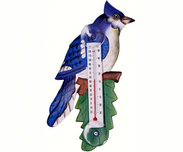 Blue Jay on Branch Small Window Thermometer