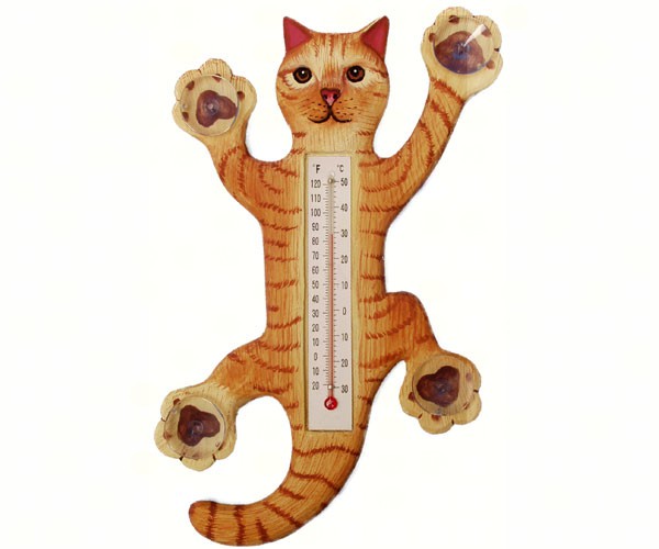 Climbing Orange Tabby Cat Small Window Thermometer