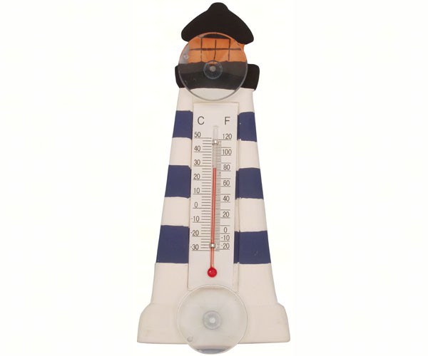 Blue & White Striped Lighthouse Small Window Thermometer