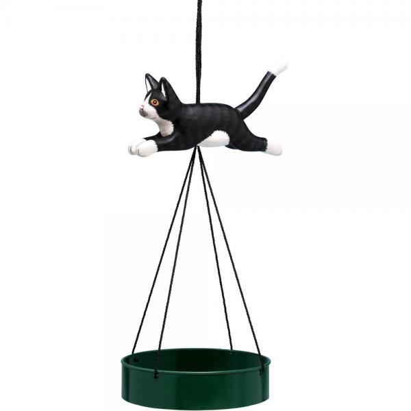 Suspended Tray Bird Feeder with Black & White Cat