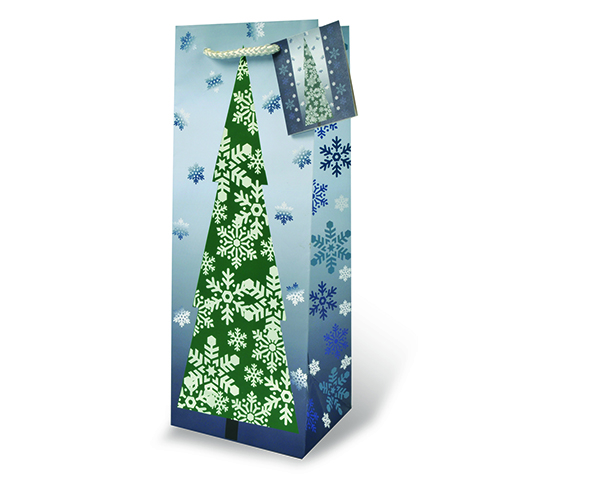 Printed Paper Wine Bottle Bag  - Glitter Snow Flakes