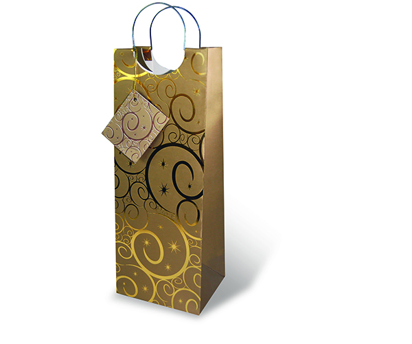  Wine Bottle Bag Gold Swirls with Wire Handle