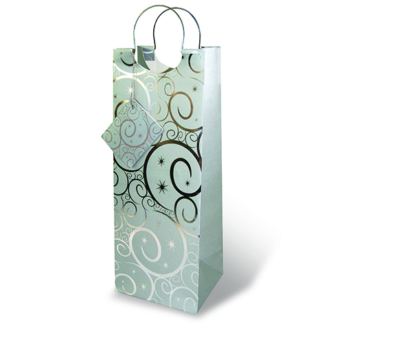 Printed Paper Wine Bottle Bag  - Silver Swirls