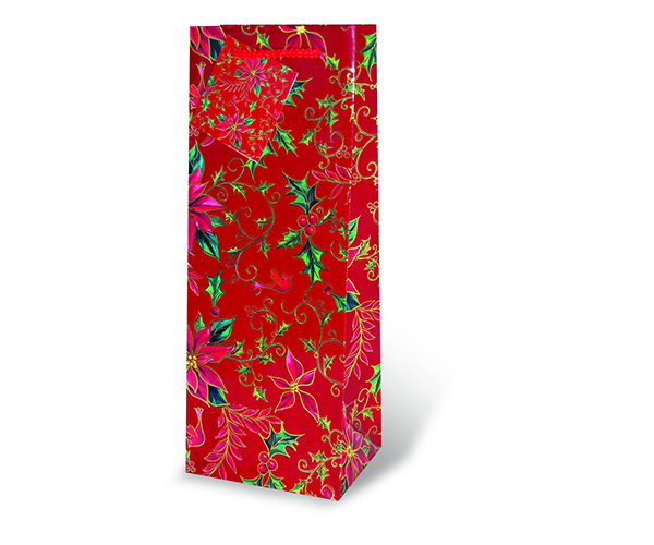 Printed Paper Wine Bottle Bag  - Red Holly & Poinsettia