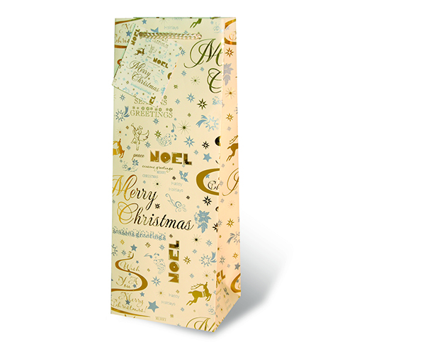 Printed Paper Wine Bottle Bag  - Gold Holiday