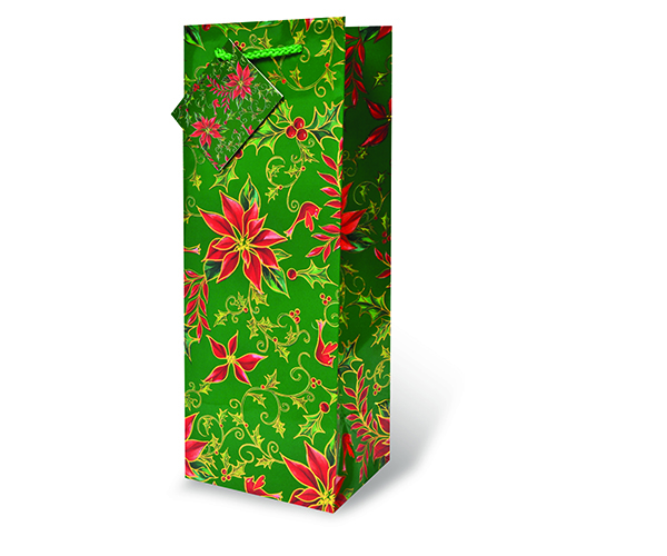 Printed Paper Wine Bottle Bag  - Green Holly & Poinsettia