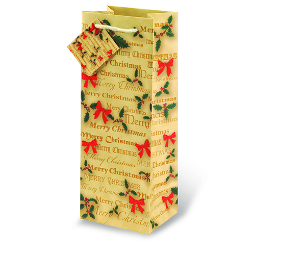 Printed Paper Wine Bottle Bag  - Christmas Bows