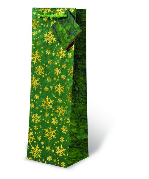 Printed Paper Wine Bottle Bag  - Green and Gold Snowflakes
