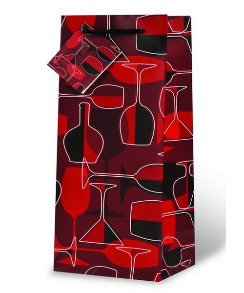 Printed Paper Wine Bottle Bag  - Crimson Glasses