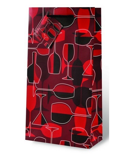 2 Bottle Printed Paper Wine Bottle Bag  - Crimson Glasses
