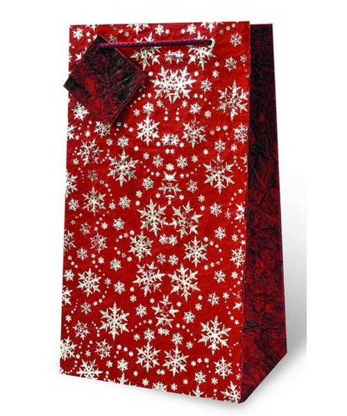Printed Paper Wine Bottle Bag  - Red and Silver Snowflakes