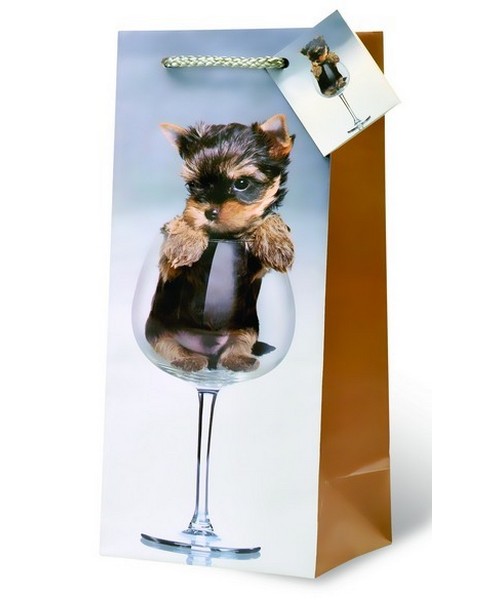 Printed Paper Wine Bottle Bag  - A Puppy Pour