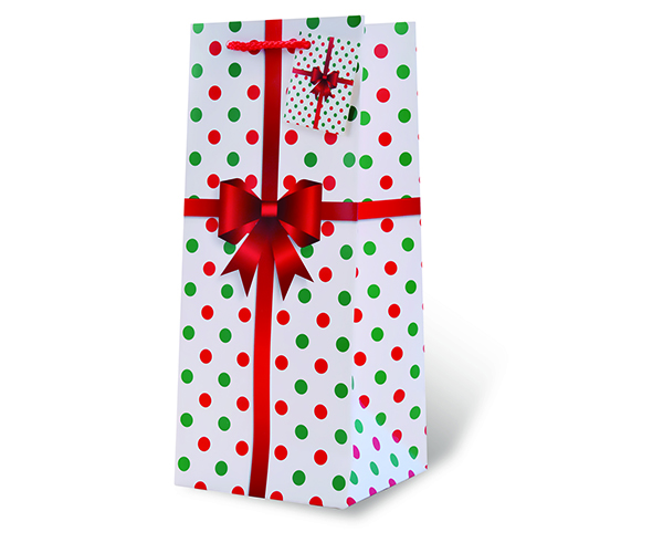 Printed Paper Wine Bottle Bag  - Holiday Polka Dots