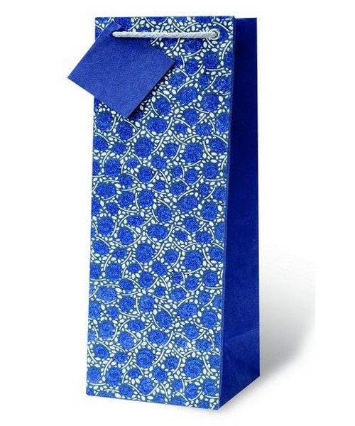 Handmade Blue Glitter Floral Wine Bottle Gift Bag