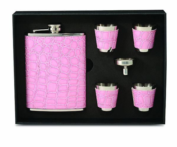 Stainless Steel and Faux Pink Leather Flask Gift Set