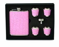 Stainless Steel and Faux Pink Leather Flask Gift Set-26646