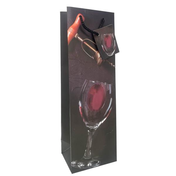Printed Paper Wine Bottle Bag - Bottle Opener & Glass Black Printed Paper Wine Bottle Bag - Bottle Opener & Glass Black