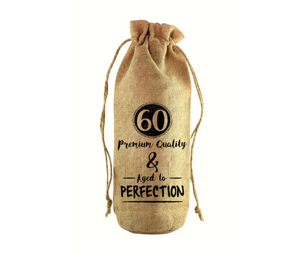 60 & Aged to Perfection Jute Wine Bottle Sack